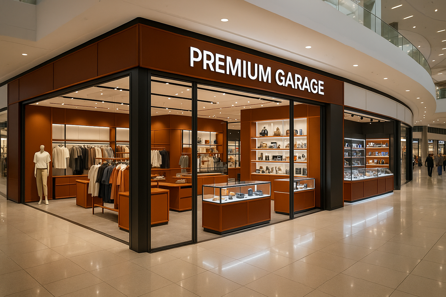 make me a dark orange and white theme color big store inside a super big shopping mall with beautiful store designing and cool fashion clothing and super attracting gadget toys and name the store "Premium Garage" as the store banner