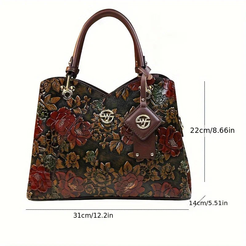 Vintage Flower Luxury PU Leather Tote Bag, Fashion Crossbody Bag For Women