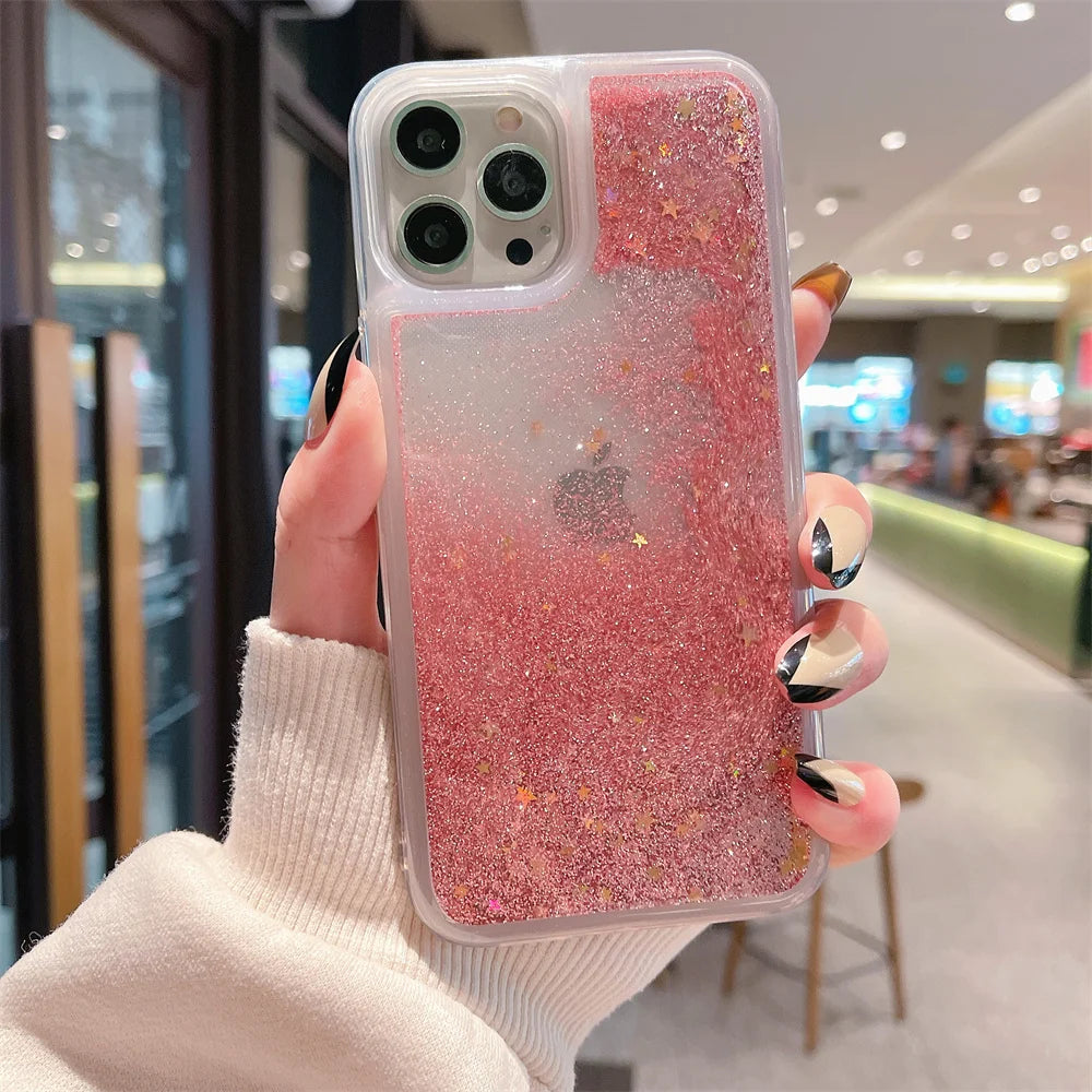 Luxury Love Heart Liquid Glitter Case For iPhone 16 15 13 Mini 14 12 11 Pro XS Max XR X 8 7 Plus Quicksand Clear Bumper Cover