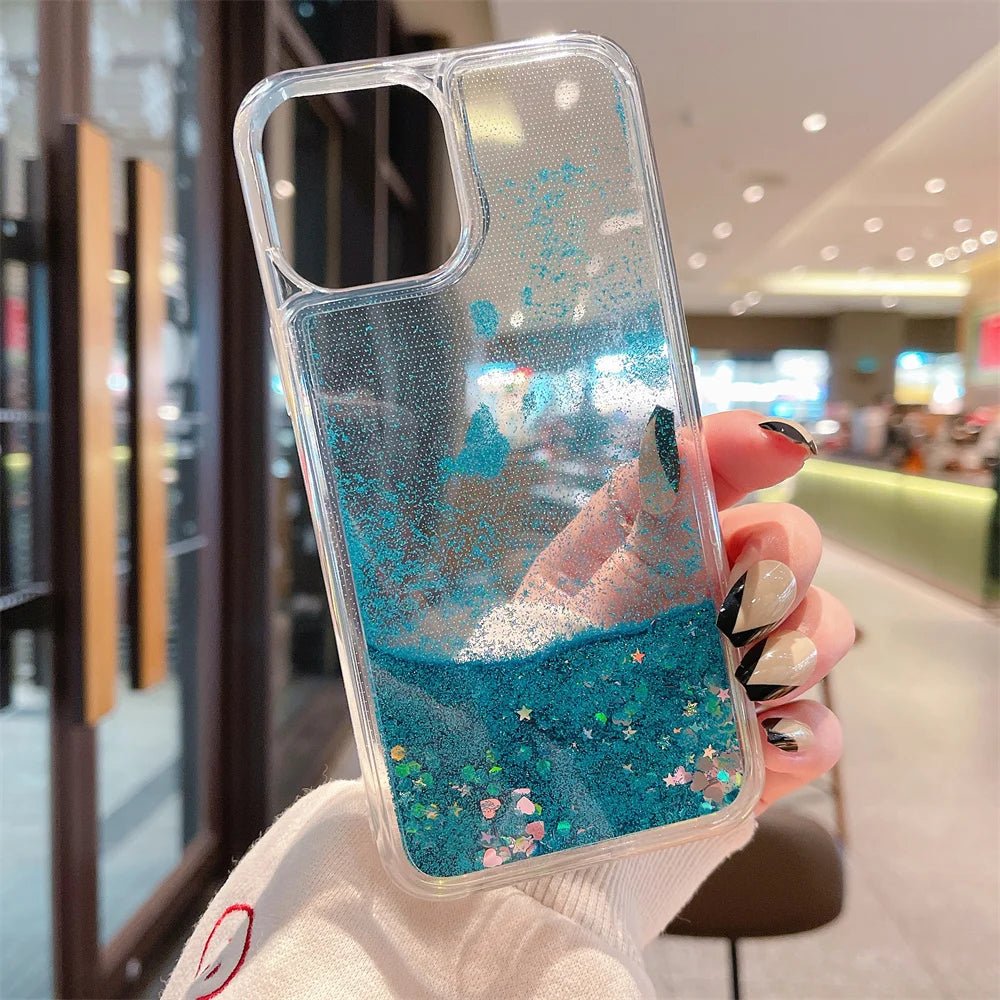 Luxury Love Heart Liquid Glitter Case For iPhone 16 15 13 Mini 14 12 11 Pro XS Max XR X 8 7 Plus Quicksand Clear Bumper Cover