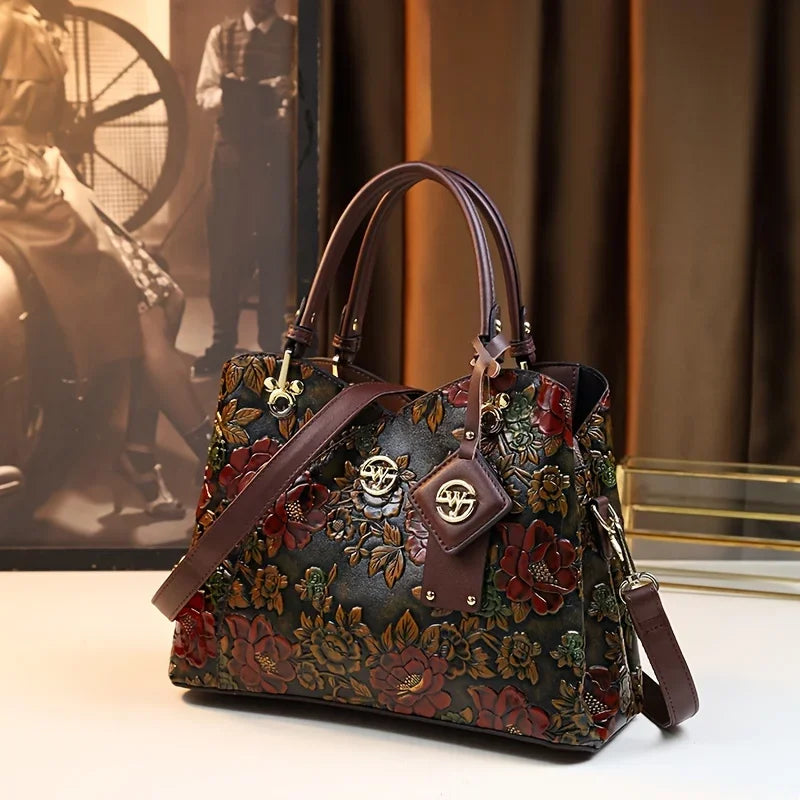 Vintage Flower Luxury PU Leather Tote Bag, Fashion Crossbody Bag For Women