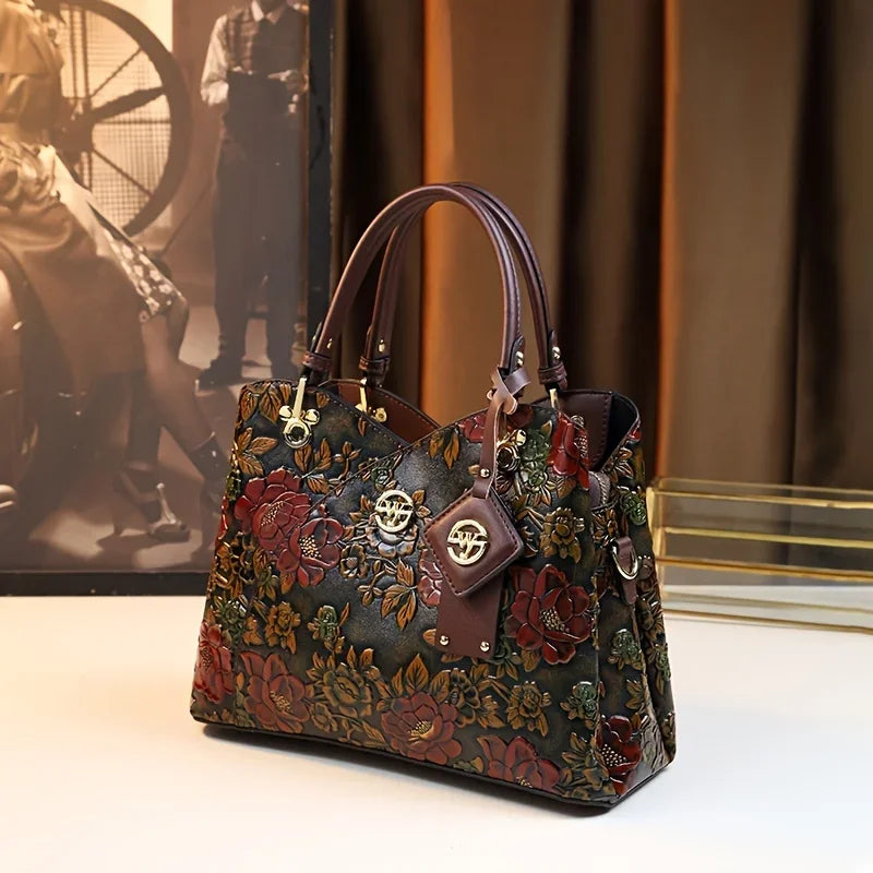 Vintage Flower Luxury PU Leather Tote Bag, Fashion Crossbody Bag For Women
