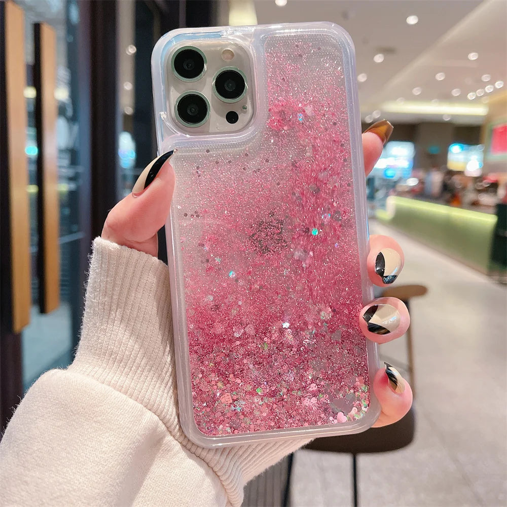 Luxury Love Heart Liquid Glitter Case For iPhone 16 15 13 Mini 14 12 11 Pro XS Max XR X 8 7 Plus Quicksand Clear Bumper Cover