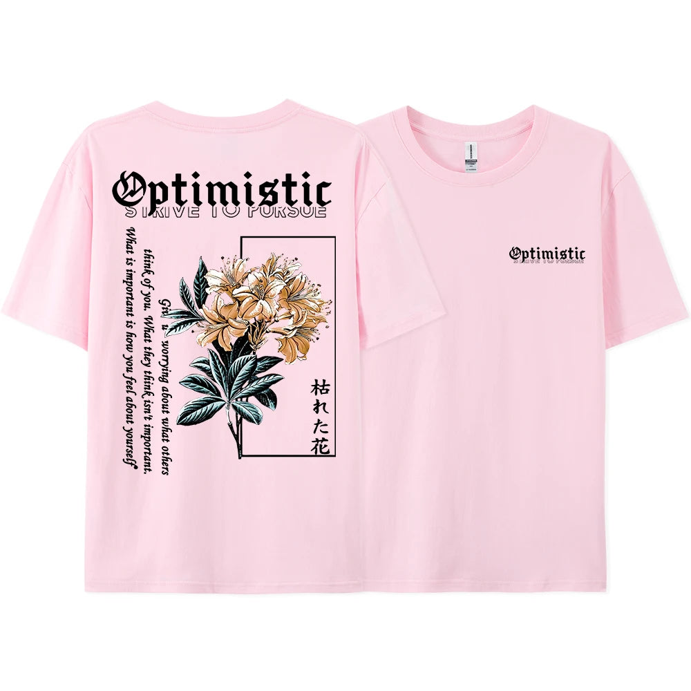 Optimistic Strive To Porsue Premium Flower Printing Male Tshirt Oversized Breatheable Cotton T Shirts