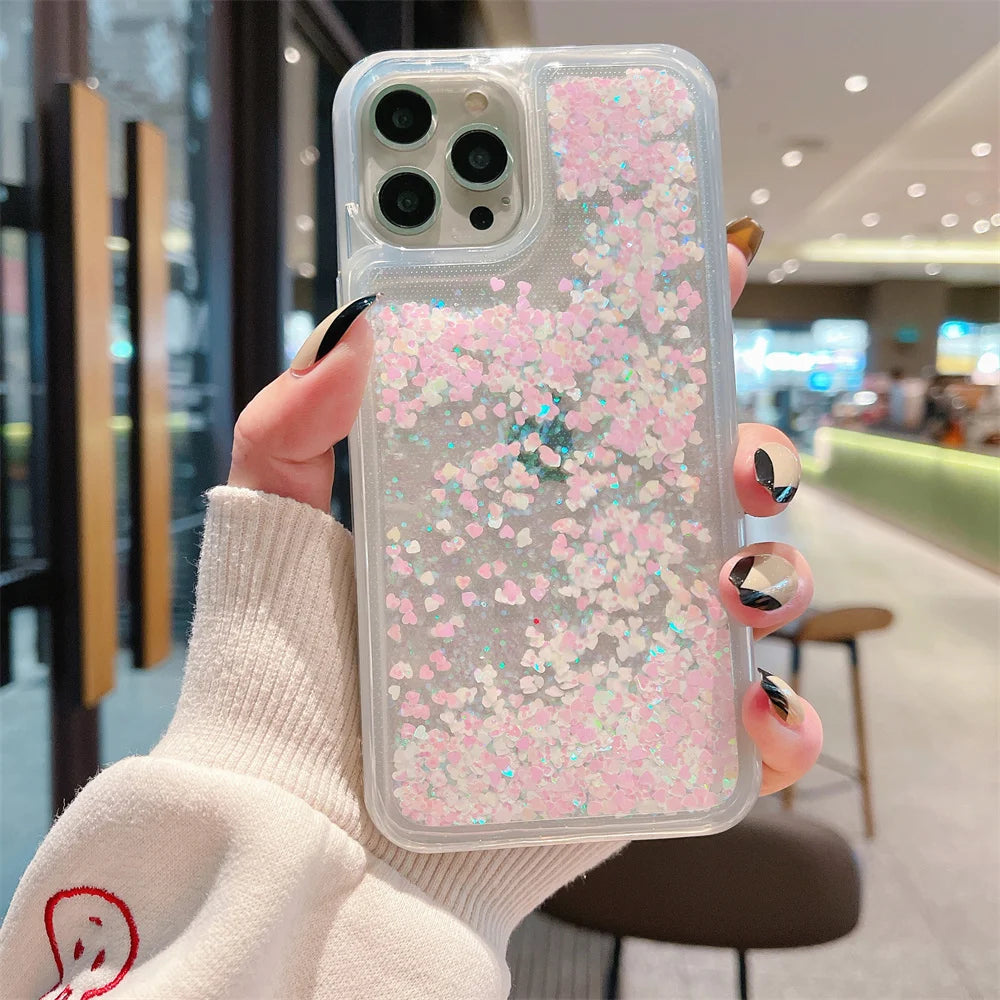 Luxury Love Heart Liquid Glitter Case For iPhone 16 15 13 Mini 14 12 11 Pro XS Max XR X 8 7 Plus Quicksand Clear Bumper Cover