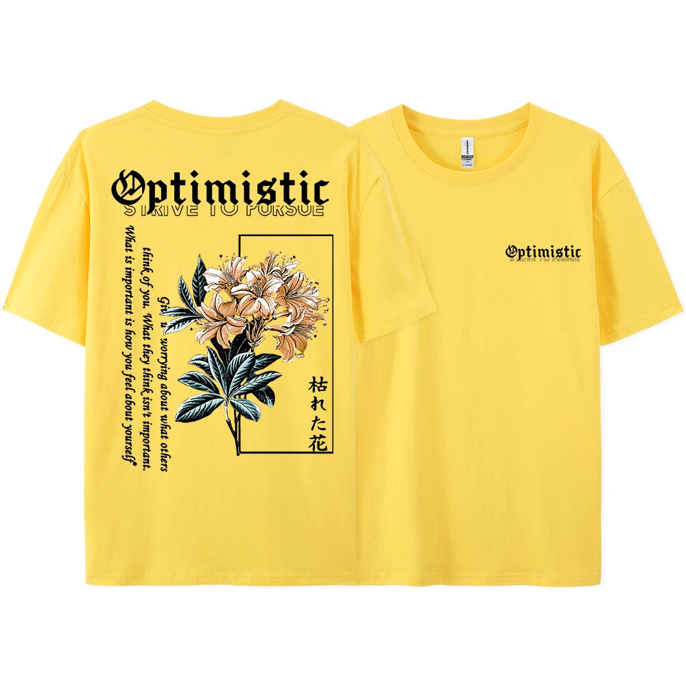 Optimistic Strive To Porsue Premium Flower Printing Male Tshirt Oversized Breatheable Cotton T Shirts