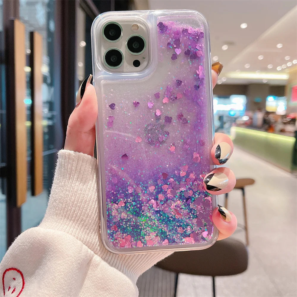 Luxury Love Heart Liquid Glitter Case For iPhone 16 15 13 Mini 14 12 11 Pro XS Max XR X 8 7 Plus Quicksand Clear Bumper Cover