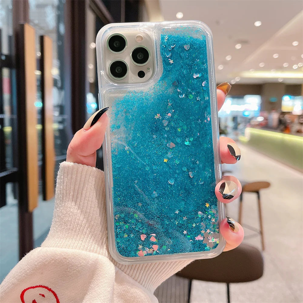 Luxury Love Heart Liquid Glitter Case For iPhone 16 15 13 Mini 14 12 11 Pro XS Max XR X 8 7 Plus Quicksand Clear Bumper Cover
