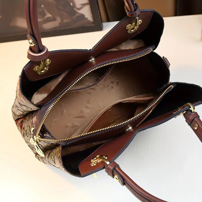 Vintage Flower Luxury PU Leather Tote Bag, Fashion Crossbody Bag For Women