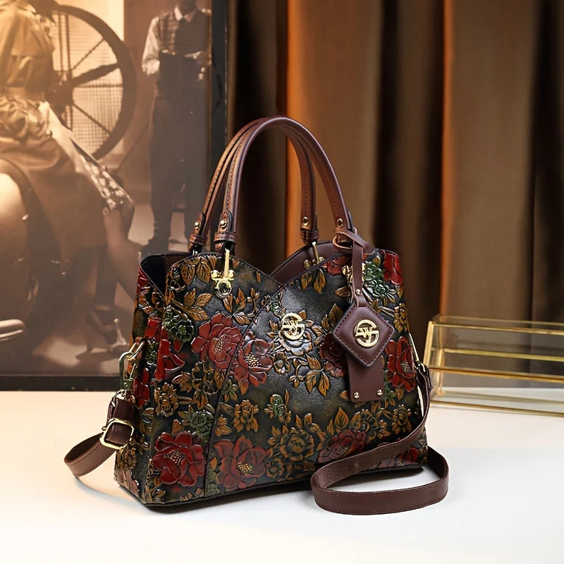 Vintage Flower Luxury PU Leather Tote Bag, Fashion Crossbody Bag For Women