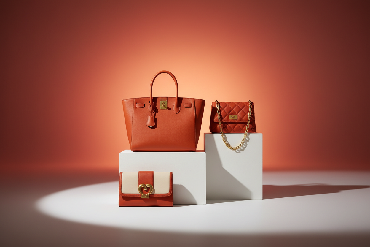 Make me a super 4k version wallpaper of handbags on a brilliant super studio setup Premium looking with redish orange and white colour theme setup.